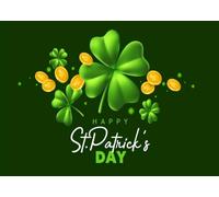 CORFOTO 2.1x1.5m Fabric Happy St Patrick's Day Large Four Leaf Clover Floating Gold Coins Dark Green Solid Backdrop Irish Holiday Photography Background for Saint Patrick Themed Party Shoot