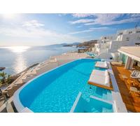 CORFOTO 2.1x1.5m Fabric Mykonos White Villa Infinity Pool Blue Aegean Sea Sunny Sky Backdrop Greek Island Vacation Photography Background for Wedding Shoot Photo Booth