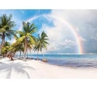 CORFOTO 2.1x1.5m Fabric Seaside White Sand Beach Coconut Palm Trees Giant Colorful Rainbow Over Turquoise Sea Soft Cloud Sky Backdrop Tropical Rainbow Beach Portrait Photography Background