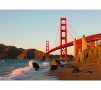 CORFOTO 2.1x1.5m Golden Gate Bridge Backdrop Red Suspension Bridge Beach Waves Rocky Coast Golden Hour Clear Sky San Francisco Coastal Fabric Landscape Portrait Photography Background