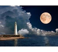 CORFOTO 2.1x1.5m Lighthouse at Night Photo Backdrop Full Moon Seaside Lighthouse Photography Background Cloud Nature Lighthouse Scenery Backdrop Party Decorations Studio Booth Photo Props