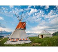 CORFOTO 2.1x1.5m Native American Teepee & Mongolian Yurt Backdrop Fabric Grassland Blue Sky Pattern Multi-Ethnic Nomadic Theme Background Decor for Cultural Event Photo Booth Prop