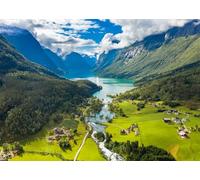 CORFOTO 2.1x1.5m Norway Natural Landscape Backdrop Lodal Valley Beautiful Scenery Photography Backdrop Nature Landscape Backdrop Green Grassland Blue Sky Travel Portrait Photo Booth