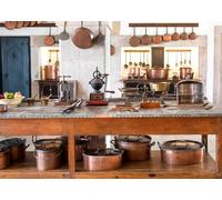 CORFOTO 2.1x1.5m Vintage Copper Kitchen Backdrop Fabric Antique Cookware Stone Wall Retro Utensil Pattern Historic Culinary Theme Background Decor for Heritage Event Cooking Photo Booth Prop