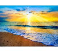 CORFOTO 2.5x1.8m Fabric Backdrop Artistic Beach Sunset Painting with Ocean Waves, Golden Sunlight, Flying Seagull and Colorful Sky for Nautical and Summer Themed Photos