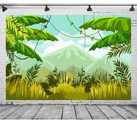 CORFOTO 2.5x1.8m Jungle Safari Background Fabric Wild Animals Mountains Green Forest Shooting Scene for Safari Themed Birthday Party Decorations Zoo Party Banner Kids Baby Shower Photo Booth Props