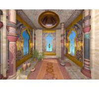CORFOTO 2.5x1.8m Moroccan Oriental Palace Backdrop Colorful Carved Columns Islamic Geometric Tile Arched Window Vintage Carpet Medieval Interior Fabric Portrait Photography Background