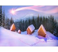 CORFOTO 2.5x1.8m Snow Mountain Backdrop Shepherds Village Wooden House Snow Forest Photography Background Christmas Stars Falling Xmas Party Decor Home Banner Photo Booth Props