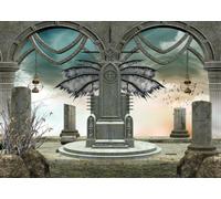 CORFOTO 2.7x1.8m Dark Fantasy Wizard Backdrop Gothic Stone Throne Ruined Arched Courtyard Winged Cross Tombstone Crows Fabric Horror Portrait Photography Background
