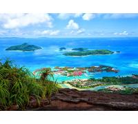 CORFOTO 2.7x1.8m Fabric Backdrop Tropical Island Paradise Ocean View with Lush Green Islands and Turquoise Sea for Travel Vacation Photography
