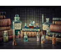 CORFOTO 2.7x1.8m Witch Potion Apothecary Backdrop Old Antique Leather Books Glass Potion Bottles Vintage Dark Wooden Table Magic Alchemy Scene Fabric Wizard Portrait Photography Background
