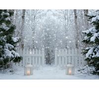 CORFOTO 20x10FT Fabric White Garden Gate in Snowy Photography Background | Serene Garden Gate in Snowy Forest Background Winter Holiday Party Party Decorations Banner Photo Booth Props Customizable
