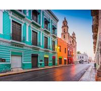 CORFOTO 3.5x2.5m Campeche Colonial Street Backdrop Fabric Colorful Mexican Architecture Cathedral Pattern Yucatan Theme Background Decor for Cinco de Mayo Party Travel Event Photo Booth Prop