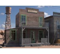 CORFOTO 3.5x2.5m Fabric Backdrop Wild West Sheriff’s Office Building with Weathered Wood, Water Tower and Dirt Street for Old Western Themed Party Photos