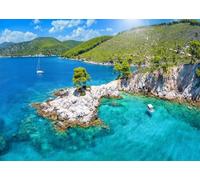 CORFOTO 3.5x2.5m Fabric Greek Island with Turquoise Sea Rocky Cliffs Pine Trees and White Houses Backdrop for Summer Vacation Travel Photography Background