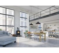 CORFOTO 3.5x2.5m Industrial-Chic Loft Interior Backdrop Floor-To-Ceiling Glass Windows Photo Exposed Brick And Concrete Walls Photography Background Rustic Wooden Dining Table Home Decor Banner