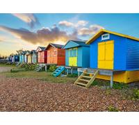 CORFOTO 3.5x3m Colourful Beach Huts Backdrop Europe United Kingdom Summer Shingle Beach Photo Background Travel Portrait Photoshoot Party Decor Photo Booth