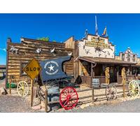 CORFOTO 3.5x3m Fabric Backdrop Wild West Trading Post Rustic Vintage Western Style with Wooden Buildings and Wagons for Western Themed Party Photo Props