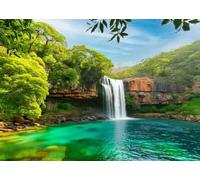 CORFOTO 3.6x2.5m Fabric Jungle Cliff Waterfall Bright Turquoise Lagoon Dense Vibrant Green Forest Red Rock Strata Backdrop Tropical Natural Scenery Portrait Photography Background