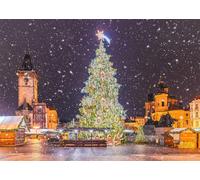 CORFOTO 3.6x2.5m Fabric Snowy Prague Square Giant Lit Christmas Tree Market Huts Falling Snow Backdrop European Winter Holiday Portrait Photography Background Photo Booth