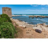 CORFOTO 3.6x3m Fabric Coastal Stone Tower Ancient Ruins Turquoise Sea Blue Sky Rocky Shore Backdrop Mediterranean Landscape Photography Background for Travel Shoot Photo Booth
