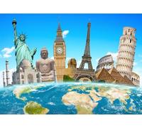 CORFOTO 3.6x3m Fabric World Landmarks Collage Globe Ocean Surface Blue Sky Backdrop Travel Around The World Photography Background for Vacation Photo Booth