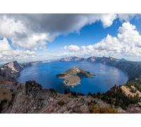 CORFOTO 3x2.5m Fabric Backdrop Crater Lake Volcanic Caldera with Deep Blue Water, Wizard Island and Rocky Mountain Peaks for Stunning Nature Landscape Photography