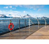 CORFOTO 3x2.5m Fabric Cruise Ship Wooden Deck Red Lifebuoy Glass Railing Snowy Antarctic Ice Mountain Glacier Sea Backdrop Polar Travel Scenic Portrait Photography Background Photo Booth