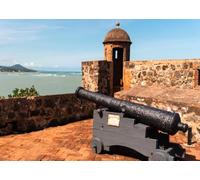 CORFOTO 3x2.5m Fabric Vintage Rough Stone Fort Old Black Iron Cannon Bright Turquoise Sea Backdrop Caribbean Colonial History Outdoor Travel Portrait Photography Background Photo Booth