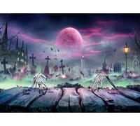 CORFOTO 3x2.5m Halloween Backdrop Zombie Rising On Wooden Table Spooky Nights With Blood Moon Photography Background Purple Sky Moon Halloween Party Decor Photo Booth Studio