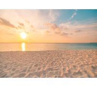 CORFOTO 3x2m Fabric Tropical Seaside Beach Sunset Scene Golden Fine Sand Calm Sea Fluffy Cloud Sky Backdrop Summer Holiday Travel Portrait Photography Background Photo Booth