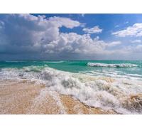 CORFOTO 3x2m Fabric Turquoise Tropical Seashore White Foamy Waves Pale Sandy Beach Fluffy Cumulus Cloud Sky Backdrop Summer Island Seaside Holiday Portrait Photography Background Photo Booth
