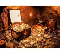 CORFOTO 3x2m Treasure Chest Background Gold Coins Treasure Boxes Chest Cave Ancient Treasures Backdrop Pirate Treasure Halloween Festival Party Decor Photo Studios Props