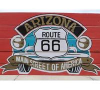 CORFOTO 4.5x2.5m Arizona Route 66 Main Street Backdrop Fabric Retro Wooden Sign and Vintage Road Trip Pattern American Highway Theme Background for Events and Photo Booths