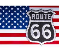 CORFOTO 4.5x2.5m Route 66 Patch on American Flag Backdrop Fabric Embroidered Road Sign and USA Flag Pattern Retro American Road Trip Theme Background for Events and Photo Booths