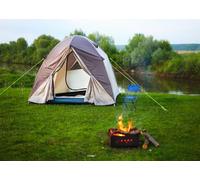 CORFOTO 4.5x2.5m Scenic Riverside Camping Backdrop Fabric Dome Tent Campfire Folding Chair Pattern Nature Adventure Theme Background Decor for Outdoor Party Event Photo Booth Prop