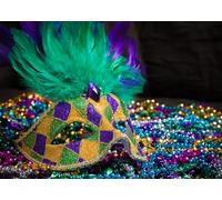 CORFOTO 4.5x2.5m Vibrant Mardi Gras Mask Backdrop Fabric Green Purple Gold Feathered Mask Beads Pattern New Orleans Carnival Theme Background Decor for Costume Party Photo Booth Prop