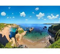 CORFOTO 4.5x3m Atlantic Ocean Coastline Landscape Backdrop Spain Mexota Sandy Beach Photo Background Deep Blue Sky Cumulus Clouds Sea Scenery Nature Backdrops Party Decor Photo Booth