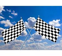 CORFOTO 4.5x3m Checkered Racing Flag Backdrop Fabric Crossed Finish Line Flags Blue Sky Clouds Pattern Car Race Theme Background Decor for Race Car Party Birthday Event Photo Booth Prop