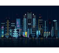 CORFOTO 4.5x3m Fabric Pixel Art Cyberpunk City Skyline with Neon Lights, Pagoda Skyscraper and Night Reflections Backdrop for Retro, Sci-Fi and Gaming Photography Background