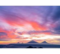 CORFOTO 4.5x3m Fabric Volcanic Mountain Sunset with Pink Purple Clouds Misty Peaks and Crescent Moon Backdrop for Nature Landscape Photography Background