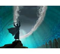 CORFOTO 4.5x3m Moses Parting the Red Sea Backdrop Fabric Dramatic Silhouette of Prophet with Staff and Divided Waters Pattern Jewish Exodus Religious Theme Background Photo Booths
