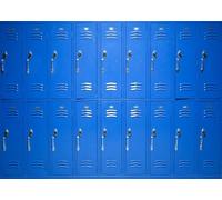CORFOTO 4.6x2.5m Bright Blue Metal School Locker Backdrop Double Row Lockers Combination Lock Handle School Gym Changing Room Fabric Student Portrait Photography Background