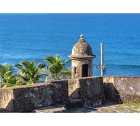 CORFOTO 4.6x3m Fabric Colonial Fort Turret Palm Trees Caribbean Sea Blue Sky Backdrop Tropical Historical Architecture Photography Background for Travel Shoot Photo Booth
