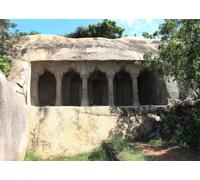 CORFOTO 5.2x3m Ancient Indian Rock Cave Temple Backdrop Hand Carved Stone Pillars Giant Rock Boulders Green Trees Historic Ruins Fabric Cultural Travel Portrait Photography Background