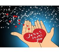 CORFOTO 5.2x3m Christian Event Backdrop Fabric Jesus Loves You Red Heart Starlight Pattern Church Gathering Background Decor for Easter Sunday Faith Celebrations Religious Party Photo Booth