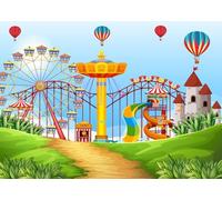 CORFOTO 5.2x3m Circus Amusement Park Background Cartoon Carnival Big Top Green Grass Blue Sky Ferris Wheel Kids Birthday Party Decor Carnival Stage Cake Table Photo Booth