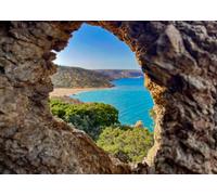 CORFOTO 5.2x3m Fabric Stone Cave Frame Turquoise Sea Sandy Beach Green Bushes Blue Sky Backdrop Mediterranean Seaside Portrait Photography Background Photo Booth