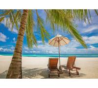 CORFOTO 5.2x3m Fabric Tropical White Sand Beach Tall Coconut Palm Wooden Lounge Chairs Beige Sunshade Turquoise Ocean Fluffy Cloud Sky Backdrop Summer Island Holiday Photography Background