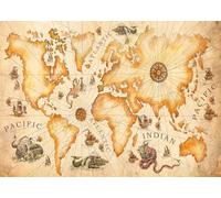 CORFOTO 5.2x3m Fabric Vintage Nautical World Map Old Ships Compass Mythical Sea Creatures Backdrop Antique Adventure Photography Background for Travel Shoot Photo Booth